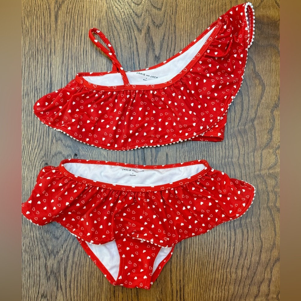Janie and Jack Girls Red Hearts 2 Piece Bikini Set. Size 7.